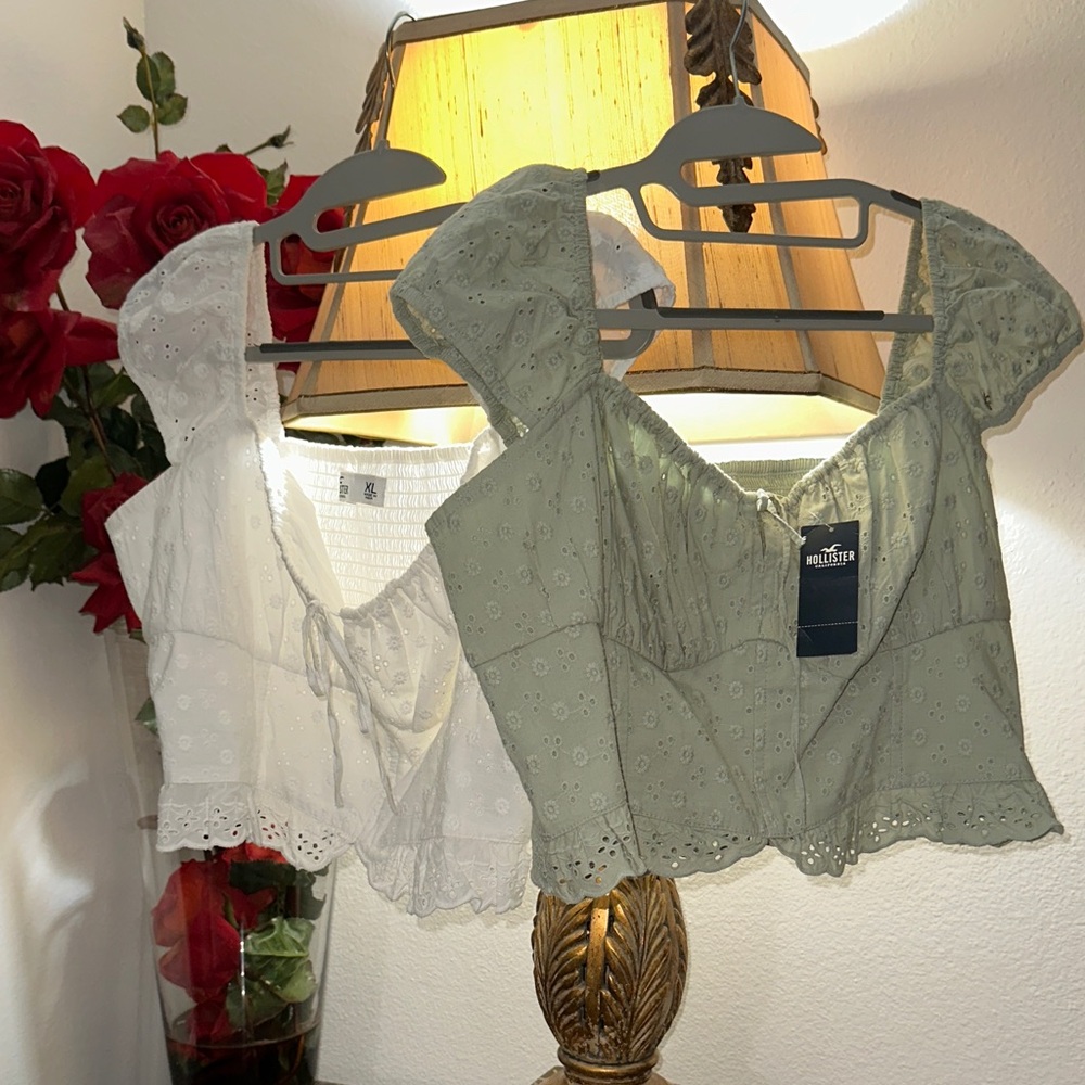 Hollister Eyelet Crop 2 Tops in White and Sage- Sz XL